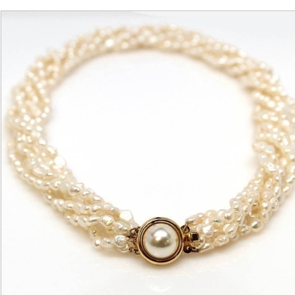 Multi Strand Twisted Freshwater Pearl Elegant Special Event Necklace Choker 16”